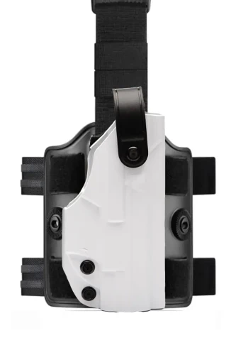 Biała kabura taktyczna z Kydexu montowana na udzie, przeznaczona do służby policyjnej
