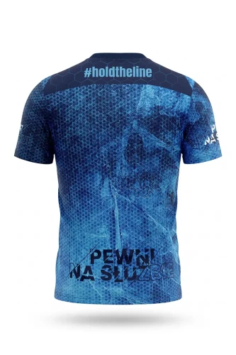 Koszulka treningowa rashguard #holdtheline – tył z napisem PEWNI NA SŁUŻBIE, materiał COOLMAX MICRO