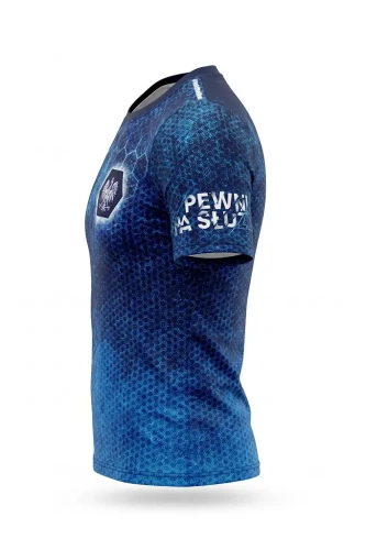 Rashguard policyjny #holdtheline na modelu – pełna sublimacja, motyw heksagonalny, niebiesko-granatowy